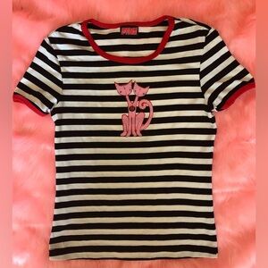 Vintage 90s Y2K Stripe Cat Babydoll Tee Liz McGrath for Fine Mall Goth Hot Topic